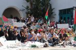 A large group of protesters sits on the ground, holding signs and Palestinian flags in front of a building.