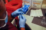 Person wearing gloves preparing a syringe with a vaccine in a medical setting.
